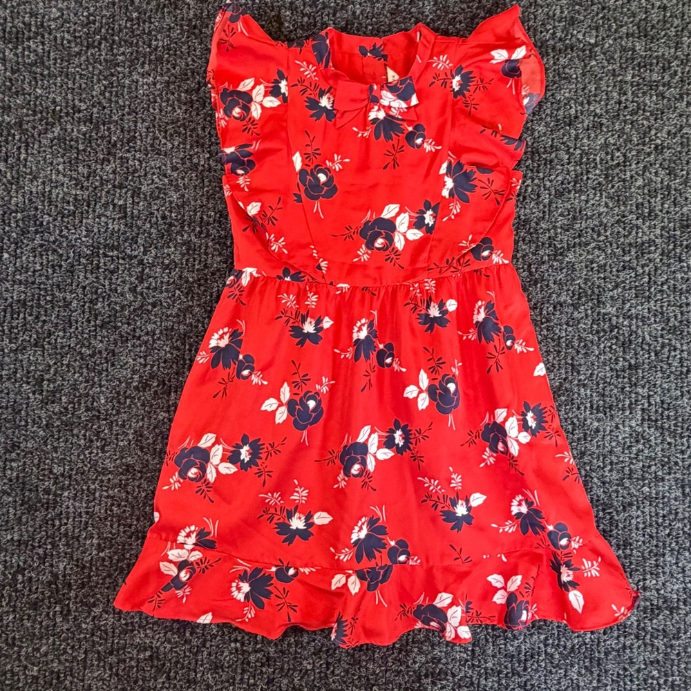 Janie and Jack Girls Red Floral Ruffle‎ Bow Dress Size 6 Navy White Botanical